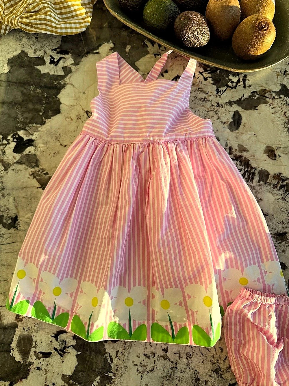 Jacadi Girls Pink & Green Striped Dress with Bloomers